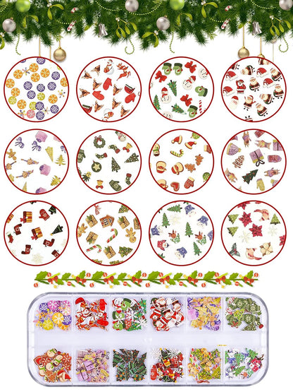 Kalolary 2 Boxes Christmas Nail Art Sequins Sticker, 3D Santa Claus Snowflake Elk Decals for Acrylic Nails, Christmas Tree Wood Pulp Glitter Flakes for Winter Nail Art Decorations
