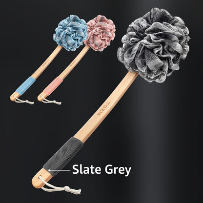 Loofah Back Scrubber for Shower | Bamboo Charcoal Fiber Infused | Loufas for Men & Women | Includes 1 Long Handled Shower Sponge, 1 Bath & Shower Luffa Pouf & 1 Hook to Hang Stuff (Slate Grey)