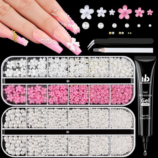 Flatback Pearls and 3D Flowers with Rhinestones Glue Gel for Nail Art, Pearl and Flower Nail Charms with Mini Round Caviar Beads