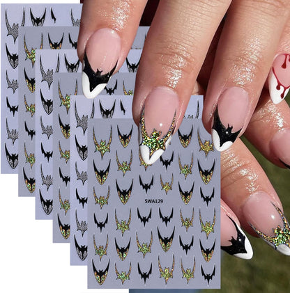 6 Sheets Halloween Nail Stickers for Nail Art Gold Glitter Bat Nail Art Stickers 3D Self-Adhesive Holiday Nail Decals Silver Bat Nail Design Sticker for Women Halloween Manicure Decoration
