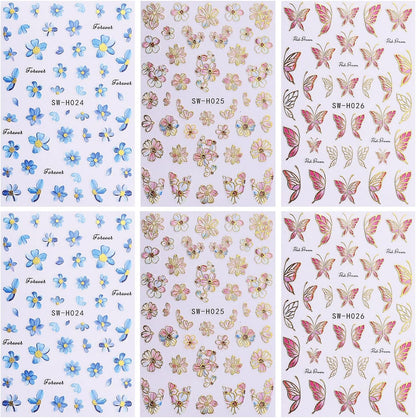 6Sheets Flower Nail Art Stickers 3D Self-Adhesive Nail Sticker Butterfly Nails Art Decals Holographic Floral Butterfly Nails Decal Decoration for Women Blue Blossom Manicure DIY Nail Supplies