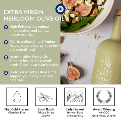 Heirloom EVOO from Little Gypsy Farms | Extra Virgin Olive Oil from a Single Estate in Greece | First Cold-Pressed | High Polyphenols & Amino Acids | NYIOOC Award Winner | 500ml