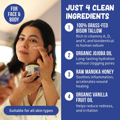 Whipped Bison Tallow Balm w/Manuka Honey, Jojoba, Organic Vanilla - Grass-Fed & Finished Organic Tallow Face Moisturizer - Face & Body Cream for Acne-Prone Skin - Nourishing Skincare (2.5 oz)