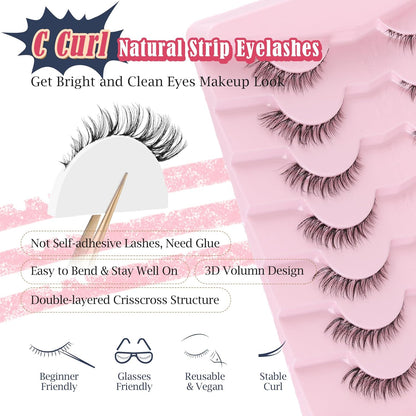 Cat Eyelashes Wispy False Eyelashes Natural 12mm Short Lashes with Thin Band Fake Eyelash 3D Volume Strip Lashes Siligli Eyelash Pack 7 Pair