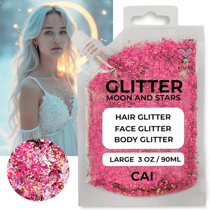 Face, Body & Hair Glitter Gel – Halloween Glitter for Kids and Women – 3 Oz Cosmetic-Grade Gel w/Moon & Stars for Festivals & Halloween Party, Easy Apply & Wash Off - Silver/Pink 2Pack