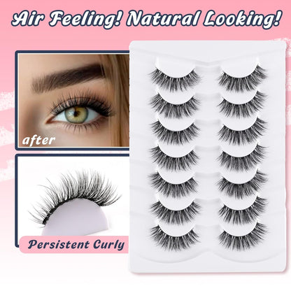 Wispy Lashes False Eyelashes Natural 16mm Fluffy Eyelashes Strip Lashes Pack 3D Volume Lashes 0.1MM Extra Thin Cotton Band Fake Eyelashes Soft Full Lashes C Curl Lashes Pack Siligli 7 Pair