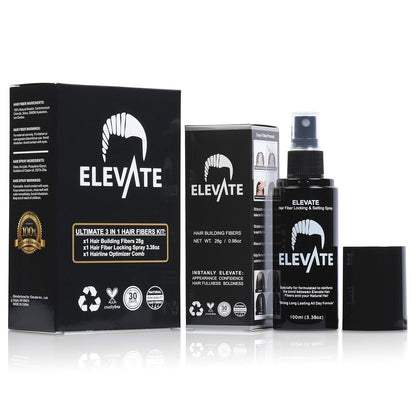 Elevate Hair Building Fibers 3-in-1 Kit for Thinning Hair (Black) Keratin Hair Thickening Powder with Fiber Lock Spray & Hairline Optimizer Comb - Instant Hair Concealer Waterproof for Men & Women