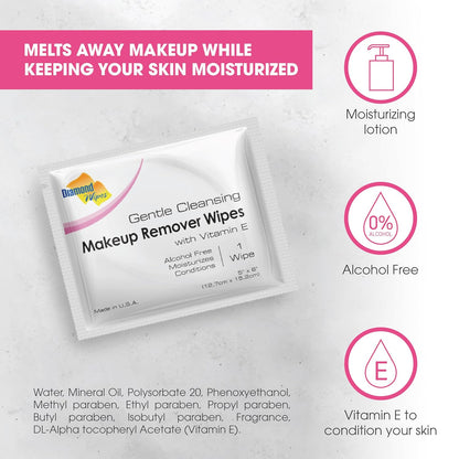 Diamond Wipes Face Cleansing and Waterproof Makeup Remover Wipes, Case of 50 Wipes, Alcohol Free Wipes with Vitamin E
