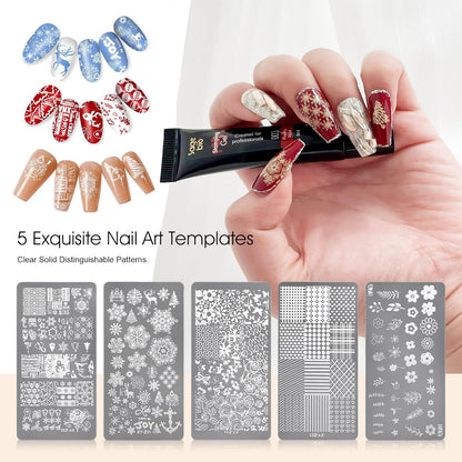 8 Colors Nail Stamping Polish Gels +5Pcs Stamp Print Templates+A set of Stamper with Scraper, Stamping Nail Polish Art Set Manicure Gift Collection