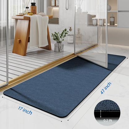 Bathroom Mat Rugs 47x17, Long Diatomaceous Earth Bath Mat Large Quick Dry Bath Mat Non Slip Rubber Backed Super Absorbent Shower Mat, Thin Bathroom Runner Rugs Floor Mat Fit Under Door, Navy Blue