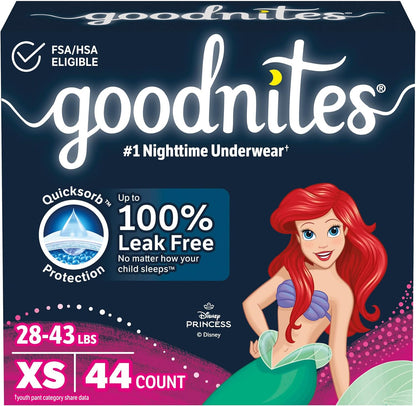 Goodnites Girls' Nighttime Bedwetting Underwear, Size Extra Small (28-43 lbs), 44 Ct (2 Packs of 22), Packaging May Vary