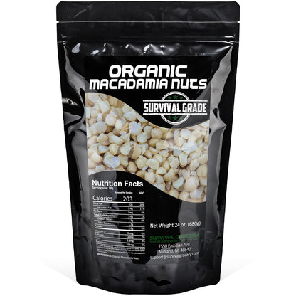 Survival Grocery® Organic Macadamia Nuts – Keto-Friendly Healthy Fats & Plant Protein, Oxygen- & Light-Barrier Packaging + O₂ & Moisture Packs, (Single or Multi-Pack Savings) (24 oz./1 Bag)