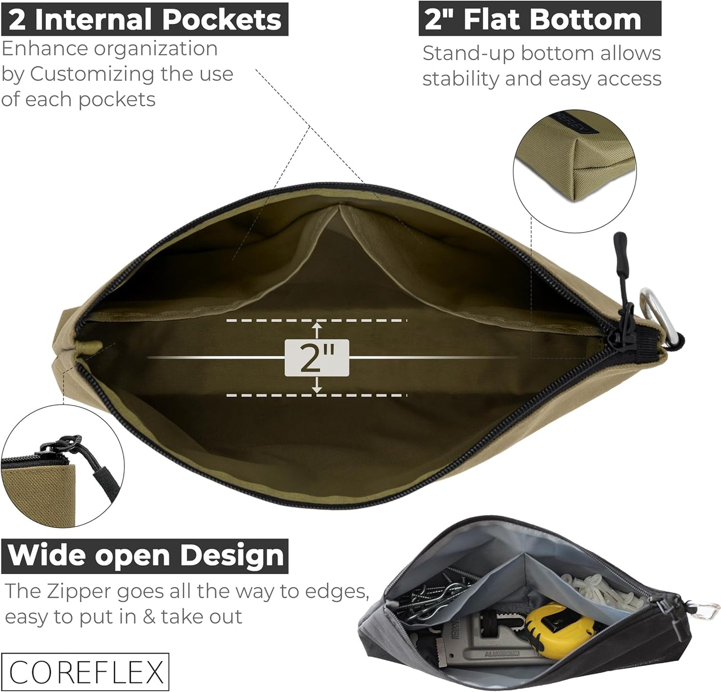 COREFLEX Premium Tool Pouch Zipper Bag, Small Tool Bag, Multipurpose Storage pouch, Heavy duty Flat Bottom Tool bag with YKK Zipper (3 pack Large 12inch)