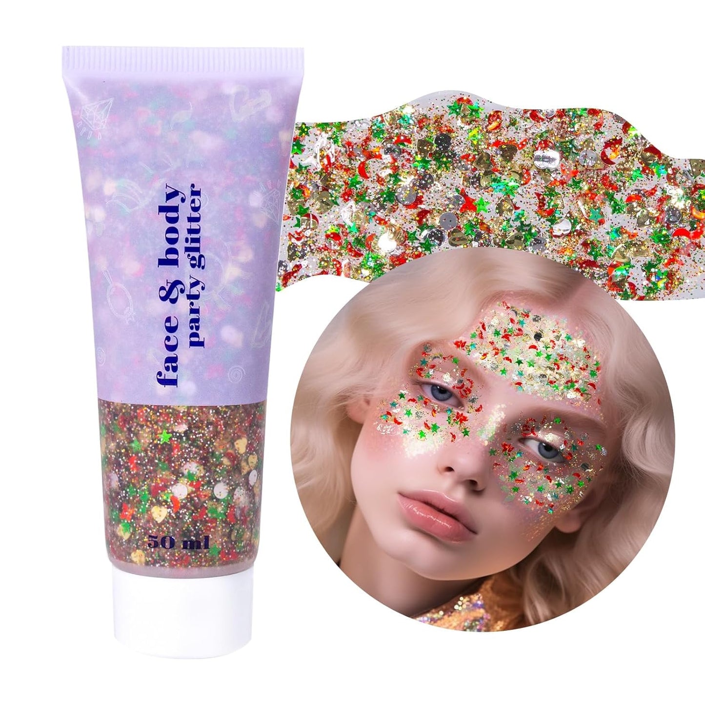 DAGEDA Body Glitter Gel, Face Glitters Body Gel Sequins Shimmer Liquid Eyeshadow, Chunky Glitter for Face Hair, Holographic Cosmetic Laser Powder Festival Glitter Makeup1.7oz (Christmas)