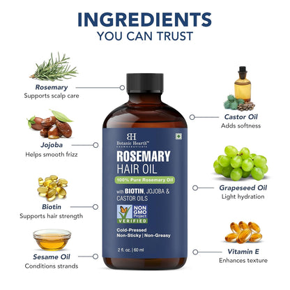 Botanic Hearth 100% Pure Rosemary Oil For Hair (2 Fl Oz) Infused With Biotin, Jojoba & Castor Oil | Hair Oil Repairs Dry Damaged Hair, Strengthening, Healthier Hair- Hair Tonic