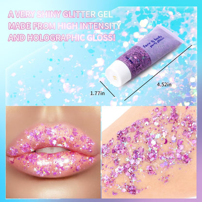 DAGEDA Purple Body Glitter Gel, Holographic Face Glitter Body Gel Rave Party Accessories, Chunky Glitters for Face Hair Nails, Cosmetic Laser Powder Festival Sequins Paint Makeup