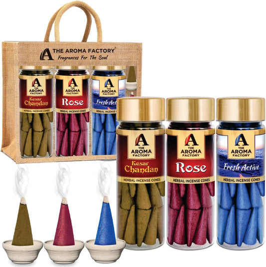 The Aroma Factory Organic Dhoop Cones | Kesar Chandan, Rose & Fresh Active Incense Cones |No Charcoal, Scented Incense | 3x30 Cones, Pack of 3 Jute Bag Giftset