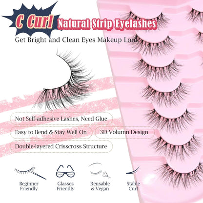 False Lashes Natural Wispy Eyelashes 11mm Short Lashes 3D Volume Fake Eyelashes Thin Cotton Band C Curl Soft Strip Eye Lashes Pack 7 Pairs Siligli