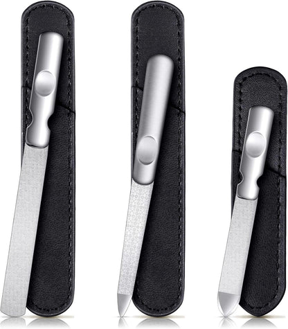 3 Pcs Stainless Steel Nail Files Kit with Leather Case, Double Sided Metal Nail Files with Anti-Slip Handle for Women and Men, Metal File Buffer Manicure Pedicure Tools for Fingernail Toenail(Black)