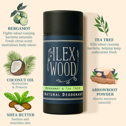 The Ilex Wood - Bergamot and Tea Tree Natural Deodorant - 2.4 fl oz. Natural Deo in Recyclable Cardboard Tube, Vegan, no Plastic, no Alcohol, no Toxins, no Aluminium Salts & Cruelty Free for Women & Men.