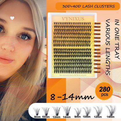 Lash Clusters 280pcs Individual Lashes Mixed Tray Eyelash Clusters VYNIXUS Cluster Eyelash Extensions Natural Cluster Lashes Soft (30D/40D-0.07D-Mix8-14)