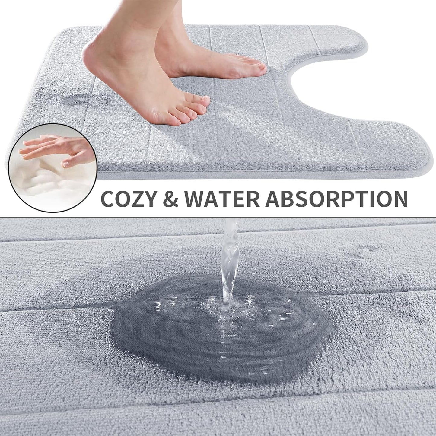 Yimobra Memory Foam Toilet Bath Mat U-Shaped, Commode Contour Rug, Soft and Comfortable, Super Water Absorbent, Non-Slip, Thick, Machine Wash Bathroom Commode Contour Rug, 24 X 20 Inches, Silver