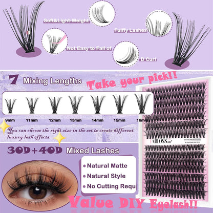 Lash Clusters Kit Fluffy 280Pcs Lash Clusters DIY Eyelash Extension Kit 30D+40D Individual Lashes Clusters Kit with Lash Bond and Seal, Lash Remover, Lash Tweezers(30D+40D, 9-16mm, Kit)