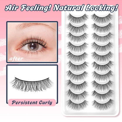 Natural Lashes Wispy False Eyelashes Short Lashes Soft Strip Lashes C Curl Eye Lashes Natural 10mm Short Eyelashes 10 Pair Eye Lashes Pack Siligli