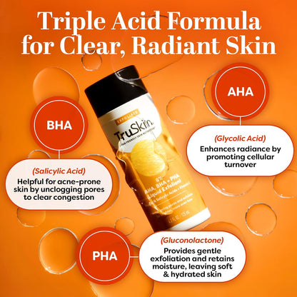 TruSkin BHA Liquid Exfoliant & Toner – PHA AHA BHA Gentle Exfoliator with Salicylic & Glycolic Acid, Vitamin C – Improve Appearance of Tone & Texture, Unclog & Minimize Look of Pores, 4.2 fl oz