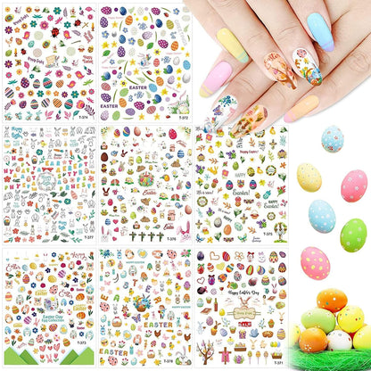 Kalolary 8 Sheet Easter Nail Art Stickers Self Adhesive Easter Nail Stickers DIY Nail Decals Bunny Eggs Chick Rabbits Flower Nail Design Sticker Nail Decoration for Women Girls Kids
