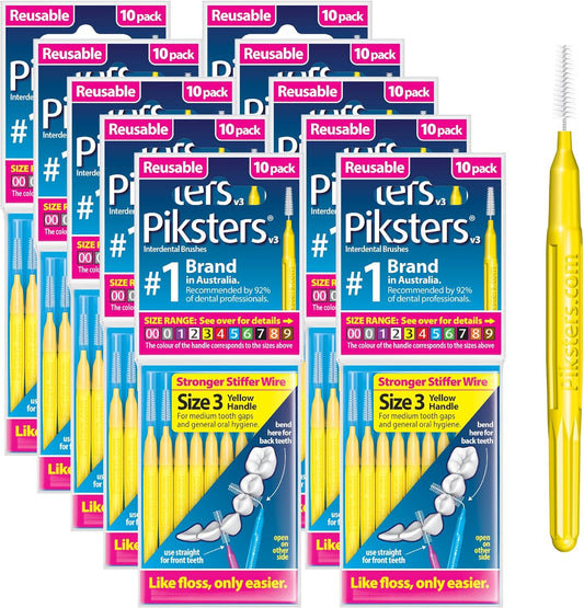 Piksters Interdental Brushes, Size 3, 100 Count (10 x 10 Packs), Interdental Tooth Brush for Medium Gaps, Gum Soft Bristles for Plaque Removal, Safe for Braces (100 pk)