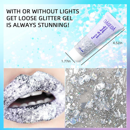 DAGEDA Body Glitter Gel, Body Sequins Shimmer Liquid Eyeshadow, Chunky Glitter for Face Hair Nails, Holographic Cosmetic Laser Powder Festival Glitter Makeup 50ml(Silver)