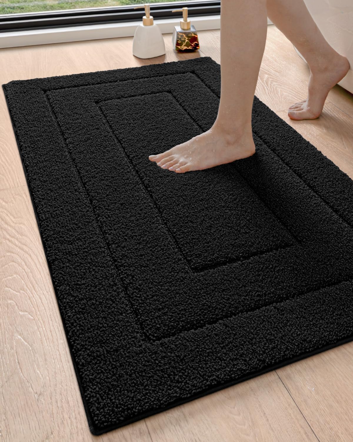 DEXI Bathroom Rug 43x24, Non Slip Washable Bath Mat for Shower Floor, Extra Large Absorbent Soft Bathmat with Rubber Backing, Quick Dry Microfiber Carpet, Black