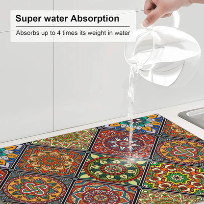 Retro Dish Drying Mat for Kitchen Counter Mandala Colorful Dish Drainer Rack Mats Boho Decor Washable Absorbent Reversible Microfiber Drying Pad Kitchen Accessories 18"x24"