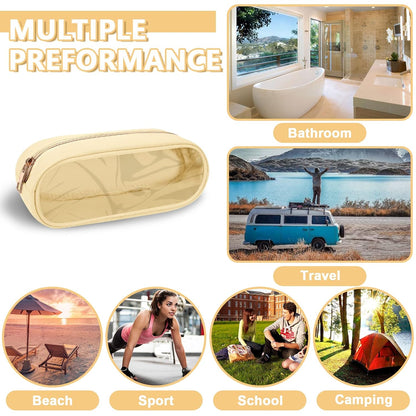 Clear Small Pencil Pouch Makeup Bag for Purse,Nylon&PVC Pencil Case Waterproof Makeup Brush Holder with Zipper,Preppy Transparent Pen Bag Travel Cosmetic Bag for Women Men Office(Slim-Beige)