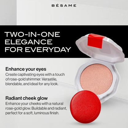 Besame Rose Gold Powder Blush & Eyeshadow 1959 Refill | Fits Signature Compacts Post-2019 | Sunkissed Pink-Gold | Vintage Inspired | 2-In-1 Cheek & Eyelid Highlighter | Sustainable Beauty Routine