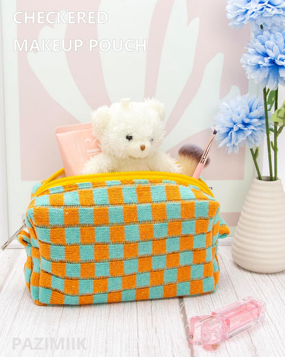 PAZIMIIK Checkered Makeup Bag for Purse Portable Zipper Make Up Pouch Small Cosmetic Case for Travel Accessories Orange Green