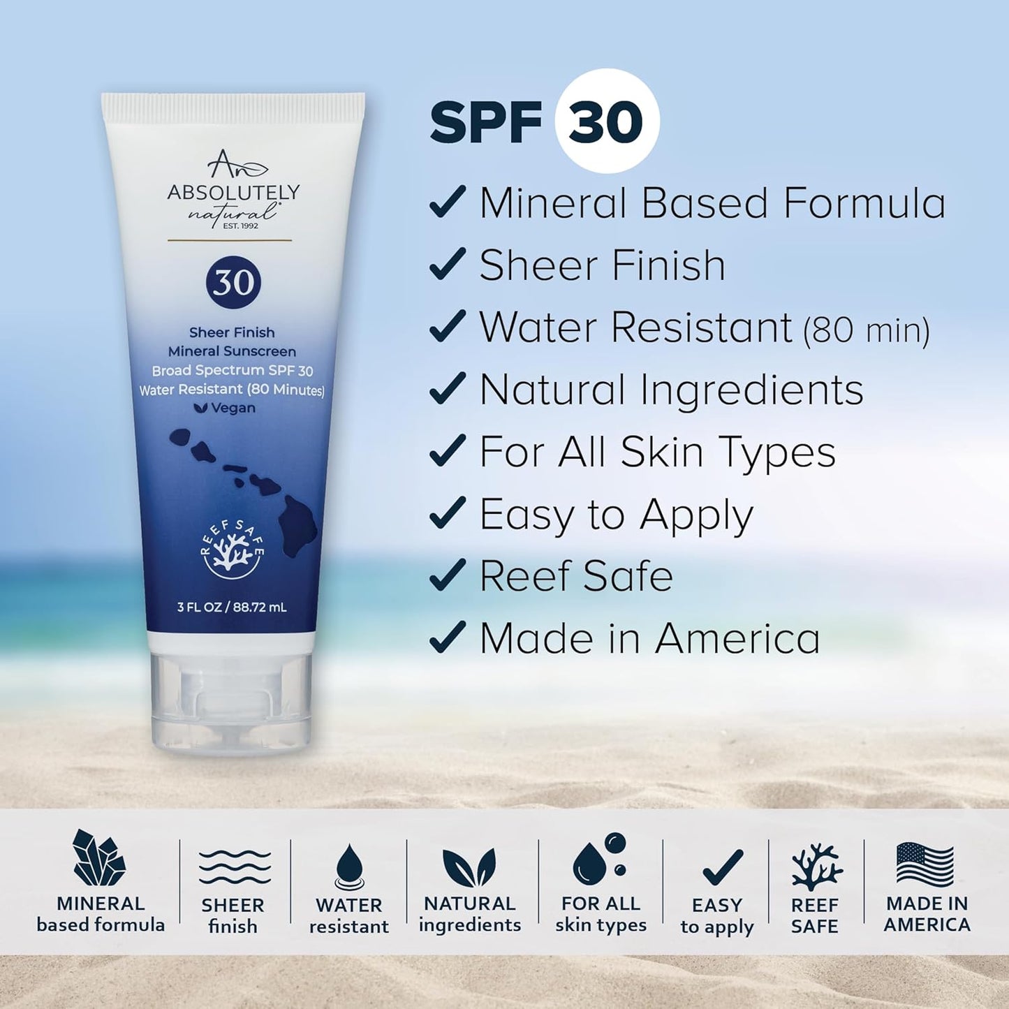 SPF 30 Mineral Sunscreen - Broad Spectrum Water Resistant Moisturizer Lotion For Body & Face - With Non-Nano Zinc Oxide, Vitamin E, & Antioxidants - Made in USA, 3 Oz