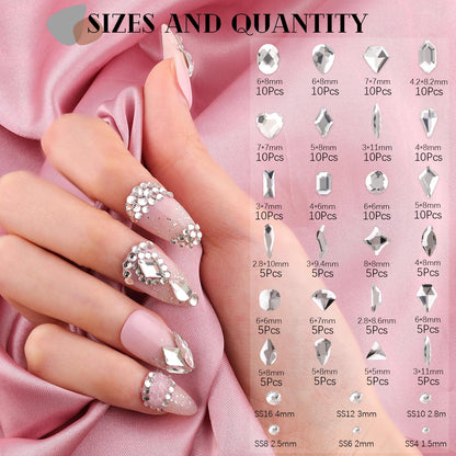 1680Pcs Silver Clear Nail Rhinestones 180Pcs Multi Shapes Glass Flatback Nail Gems + 1500Pcs 1.5-4mm Round Crystal, Manicure Nail Charms Diamond Gemstones for Acrylic Nails Decoration