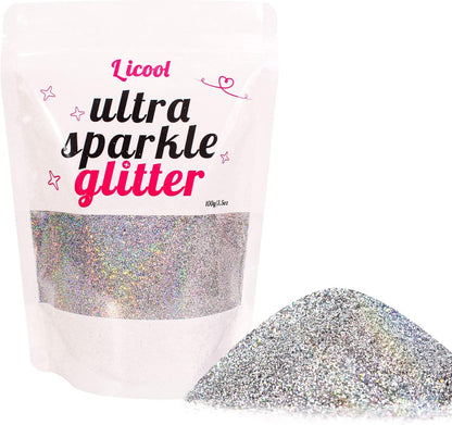 100g Holographic Ultra Fine Glitter, Sparkle Makeup Glitter, Extra Fine Craft Glitter Resin Sequins for Epoxy Glass Resin Art Tumblers Body Hair Face Nail (Laser Silver)