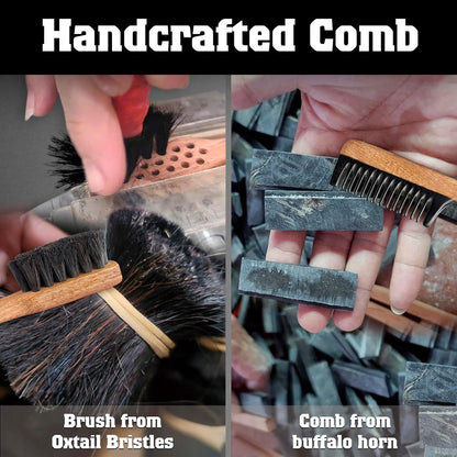 2-in-1 Beard Comb & Brush - Mustache & Beard Comb for Men. Handcrafted from Solid Wood, Buffalo Horn, and Cow Tail Hair. Comes in a Box, Perfect for Gifting.
