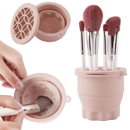 Makeup Brush Cleaner - Foldable Silicone Makeup Brush Cleaner Mat with Brush Storage Holder Makeup Brush Cleaning Bowl Cosmetic Brush Washing Tool for Cleaning Organizer and Drying (Nude Pink)