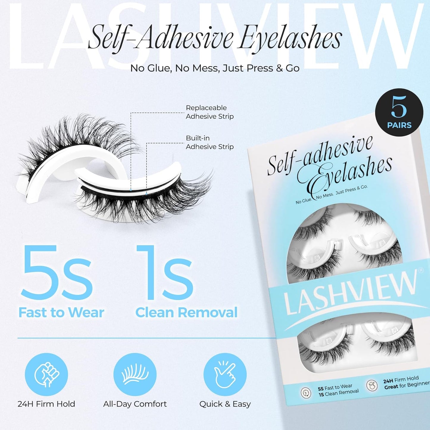 LASHVIEW Self Adhesive Eyelashes 5 Pairs Cat Eye Wispy Self-adhesive False Lashes Reusable Natural Look Press On Lashes No Glue Need Eyelashes with Replacement Adhesive Strips (CV01)
