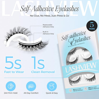LASHVIEW Self Adhesive Eyelashes 5 Pairs Cat Eye Wispy Self-adhesive False Lashes Reusable Natural Look Press On Lashes No Glue Need Eyelashes with Replacement Adhesive Strips (CV01)