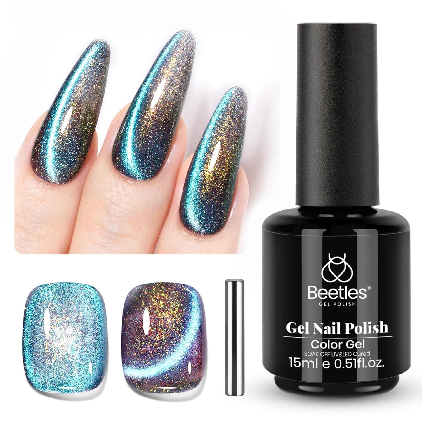 Beetles Cat Eye Gel Polish, 15ML Blue Purple Cat Eye 9D Holographic Glitter Magnetic Gel Nail Polish Rainbow Color Soak Off UV Mermaid Tears Series French Nail Art Manicure Gift for Women