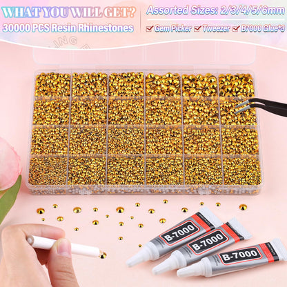 30000Pcs Resin Gold Rhinestones for Bedazzling Crafting with b7000 Jewelry Glue, Bulk Flatback Gems Bedazzler Kit for Crafts Clothes Shoes Fabric Nail Diamond Art, Assorted Size 2/3/4/5/6mm