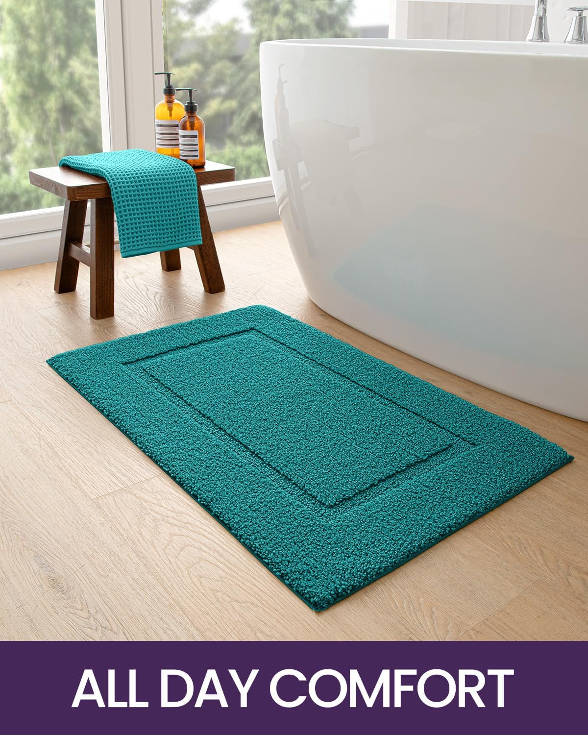 DEXI Bathroom Rugs 24x16, Washable Non Slip Bath Mat for Shower Floor, Absorbent Quick Dry Bathmat with Rubber Backing, Ultra Soft Plush Carpet for Tub, Teal