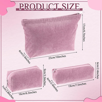 3 Pcs Makeup Bag Set for Women Corduroy Cosmetic Pouch Aesthetic Smile Travel Toiletry Bag Cute Purse Pouch Pencil Case Makeup Brushes Storage Organizer for Christmas(Rose Pink,Solid Style)