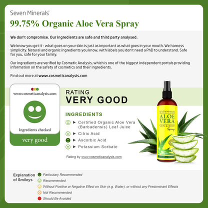 Seven Minerals Travel Size Organic Aloe Vera Spray with 100% Pure Aloe From Freshly Cut Aloe Plant, Not Powder - No Xanthan,So It Absorbs Rapidly With No Sticky Residue (2 fl oz)