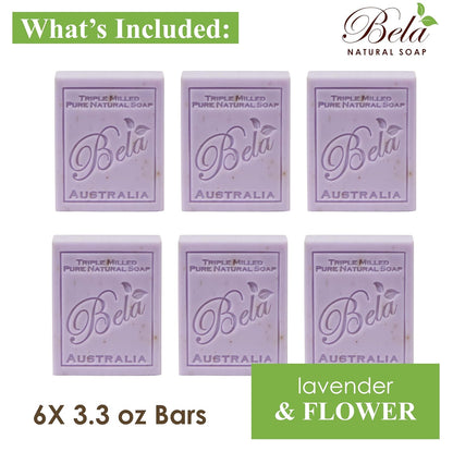 BELA Lavender Soap Bars 3.3 OZ Pack of 6, French Triple Milled Bar Soap with Organic Shea Butter, Lavender and Flower Scented Soap, Made in Australia